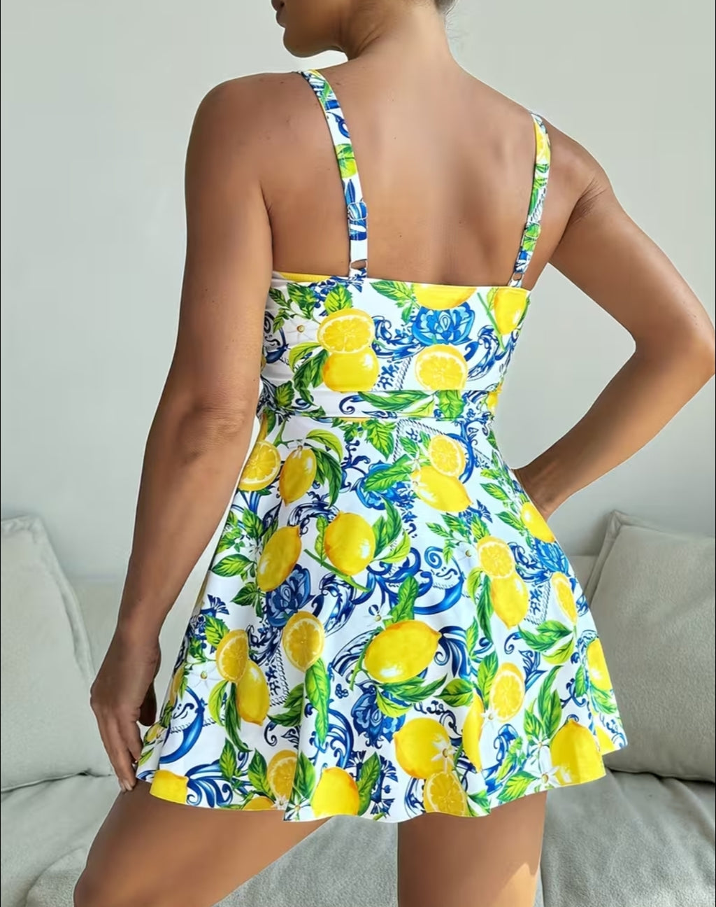 Women Fruit Lemon Print Spaghetti Strap Split Waist Hollow Splice Asymmetrical Hem Tankini & Skirt, Cute Casual Holiday Swimsuit tankini swimdress