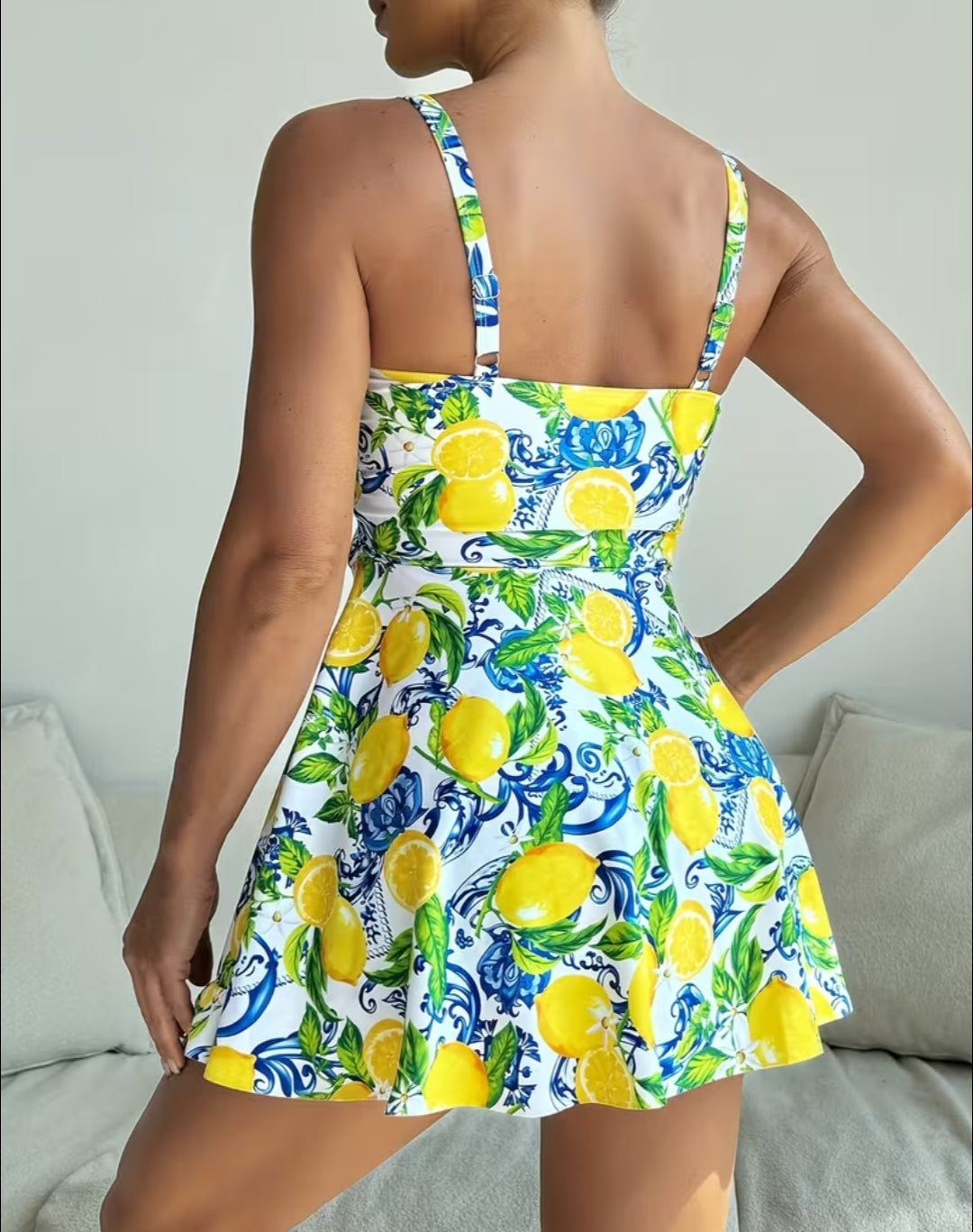 Women Fruit Lemon Print Spaghetti Strap Split Waist Hollow Splice Asymmetrical Hem Tankini & Skirt, Cute Casual Holiday Swimsuit tankini swimdress