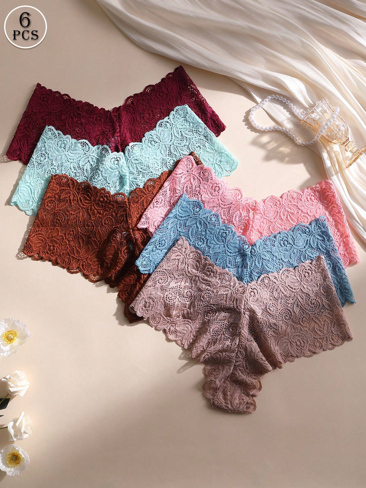 6pcs Women's Sexy Lace Mid-Waist Seamless Panties, Butt Lifting Shapewear Striped Underwear