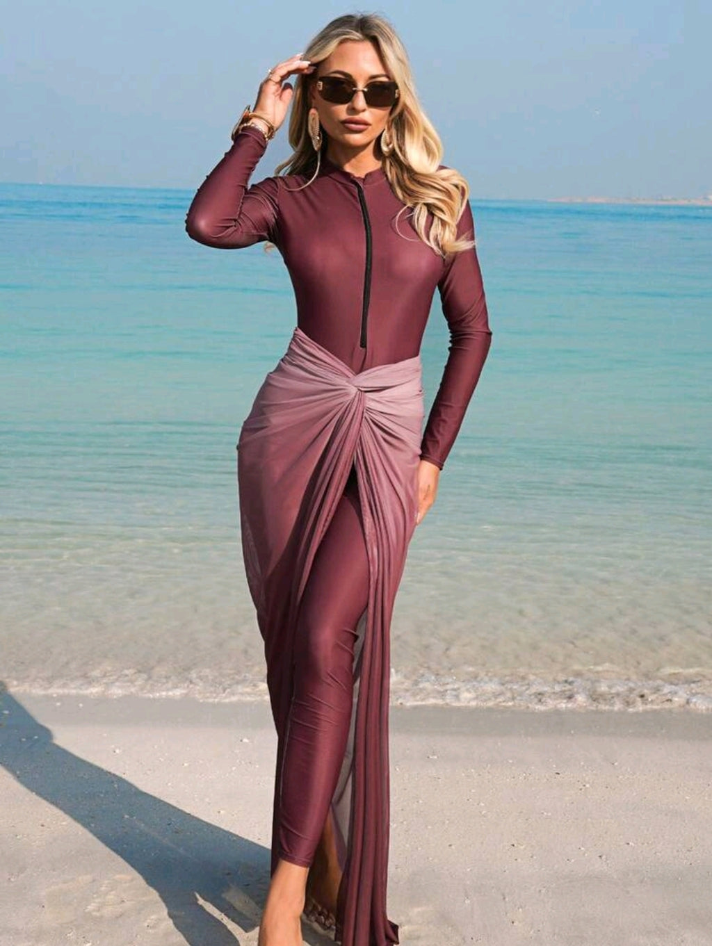 Swim Shayni Women's 4-Piece Set: One-Piece Solid Color Zipper Jumpsuit With Pants, Paired With Ombre Print Drawstring Skirt And Ombre Mesh Shawl, Burkini Swimwear Set For Beach Vacation