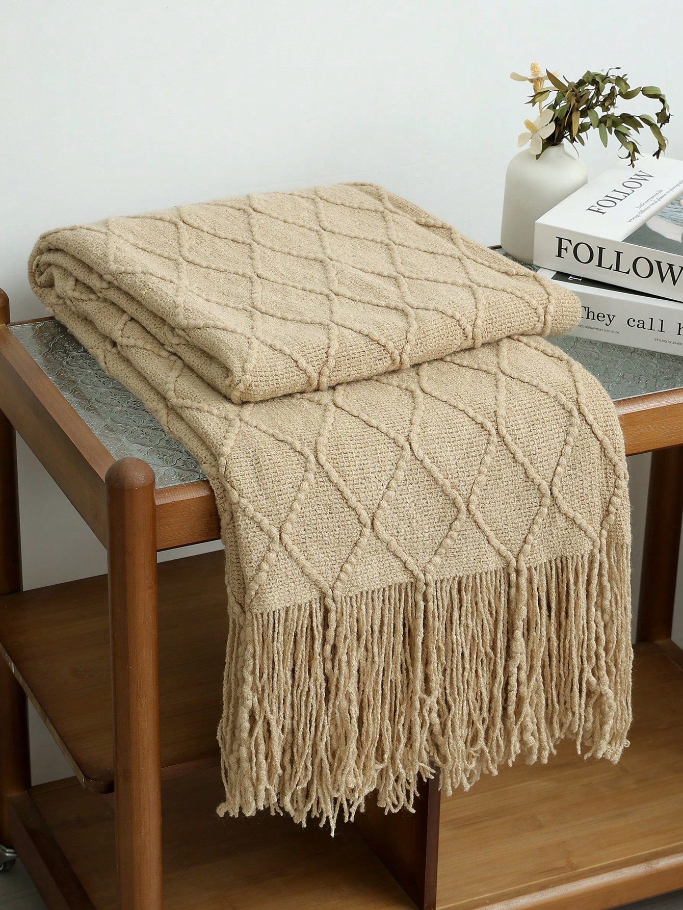 1pc Solid Color Diamond Plaid Knitted Blanket, Nordic Style Acrylic Rectangular Minimalist Sofa Cover Throw Blanket, Bedroom Leisure Knit Blanket