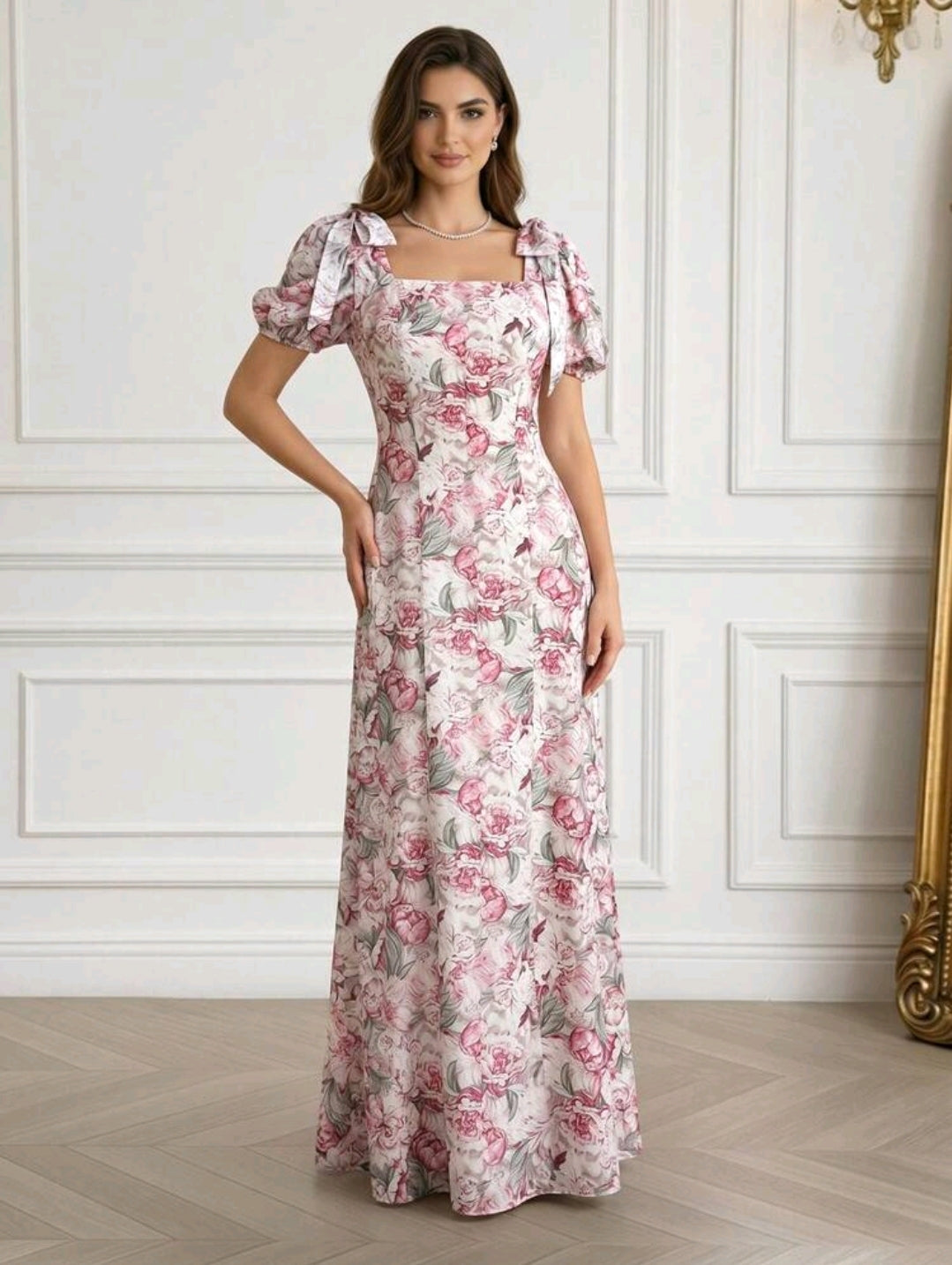 Modelyn Women's Long Floral Print Petal Sleeve Waist Gathered Elegant Vacation Dress, Spring/Summer