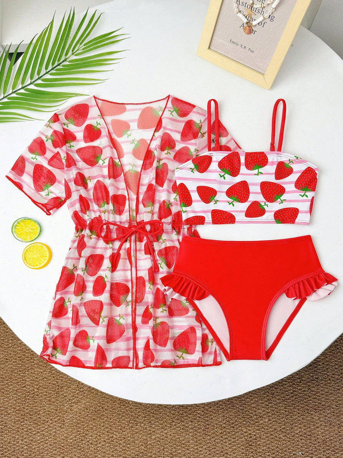 SHEIN GraphicGems 3pcs/Set Young Girls Swimwear Set, Cute Cartoon Print, Fashionable Casual Elegant Active Adorable, Suitable For Swimming, Vacation, Summer Summer Vacation Thermal Christmas Holiday Festival New Years Valentines Swim Girls Summer Swimwear