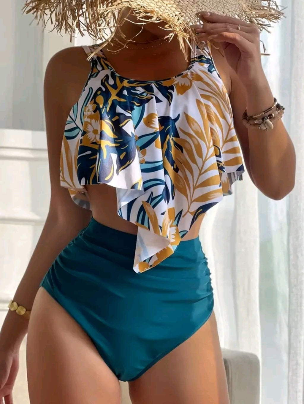 Swim Lushoire Tropical Print Ruched Bikini Sets,Summer Beach