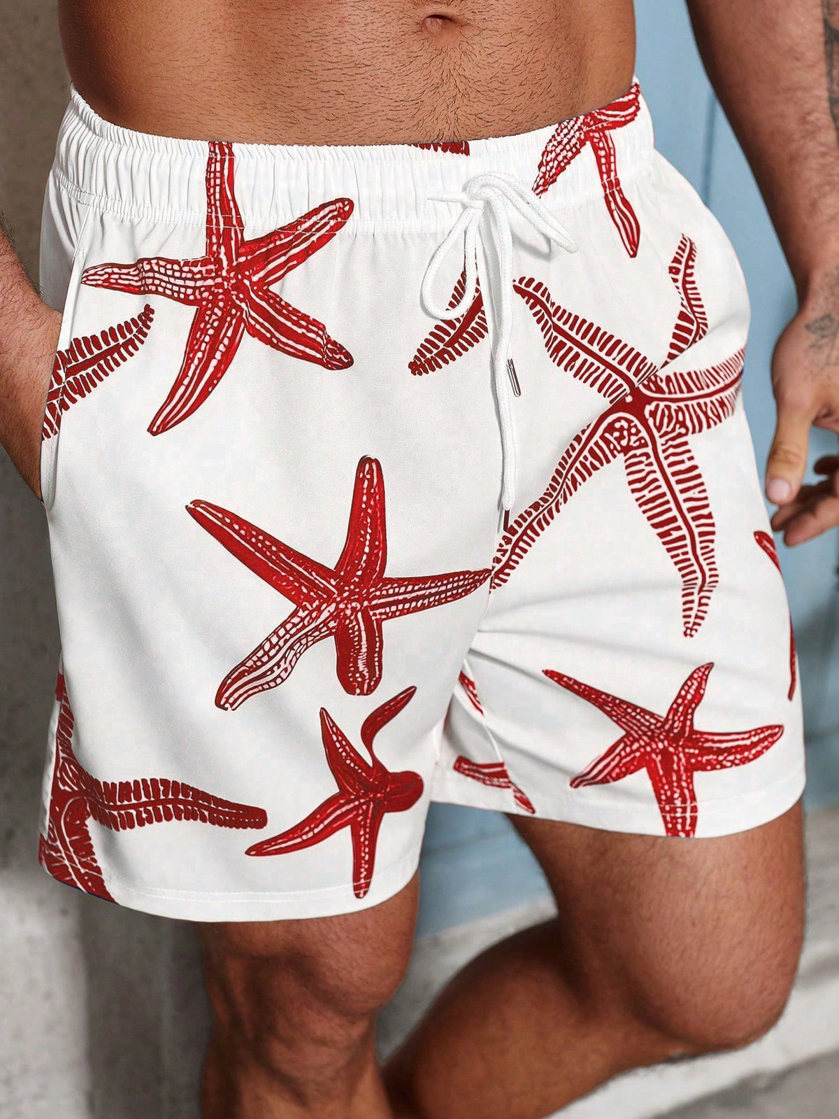 VIVINTIMO Men's Elastic Waist Drawstring Casual Starfish Print Beach Shorts, Summer Holiday / Vacation / Beach / Hawaii / Tropical / Swim /  Bathing