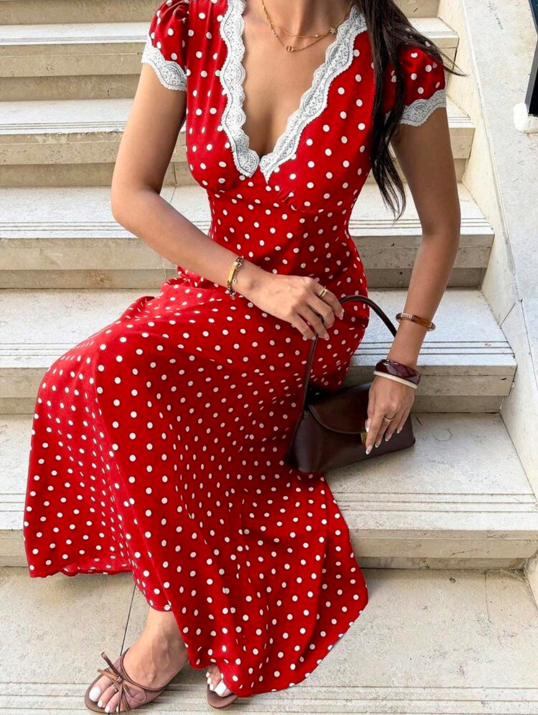 Pariaura Vintage French Wine Red Satin Dress, Women V-Neck Waist Cinched Mid-Length Dress, Elegant Tea Length Dress With Lace, Vacation Vibe