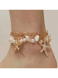 1pc Classic Bohemian Beach Vacation Style Starfish Seashell Faux Pearl Pendant Bracelet Jewelry For Women