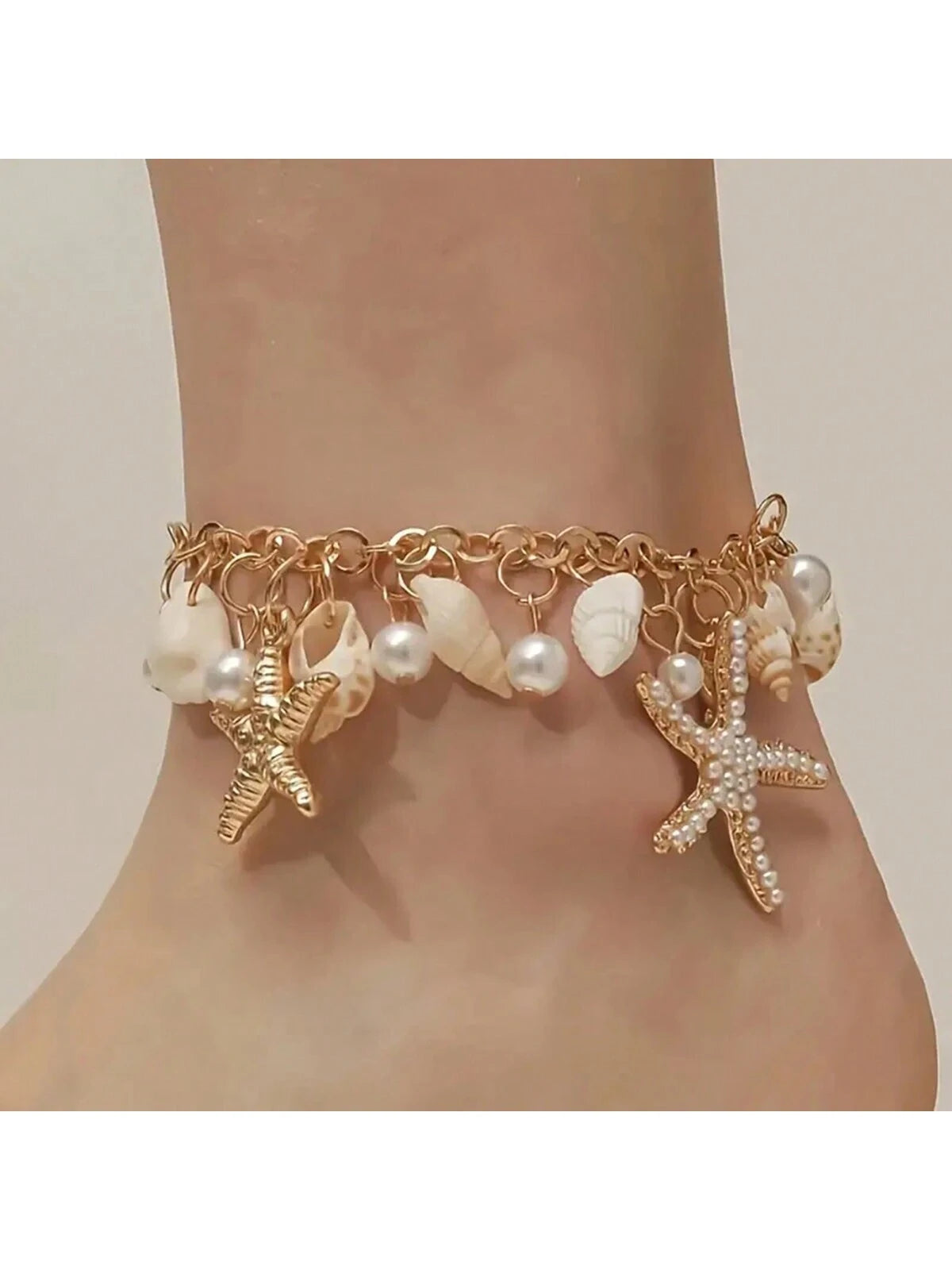 1pc Classic Bohemian Beach Vacation Style Starfish Seashell Faux Pearl Pendant Bracelet Jewelry For Women