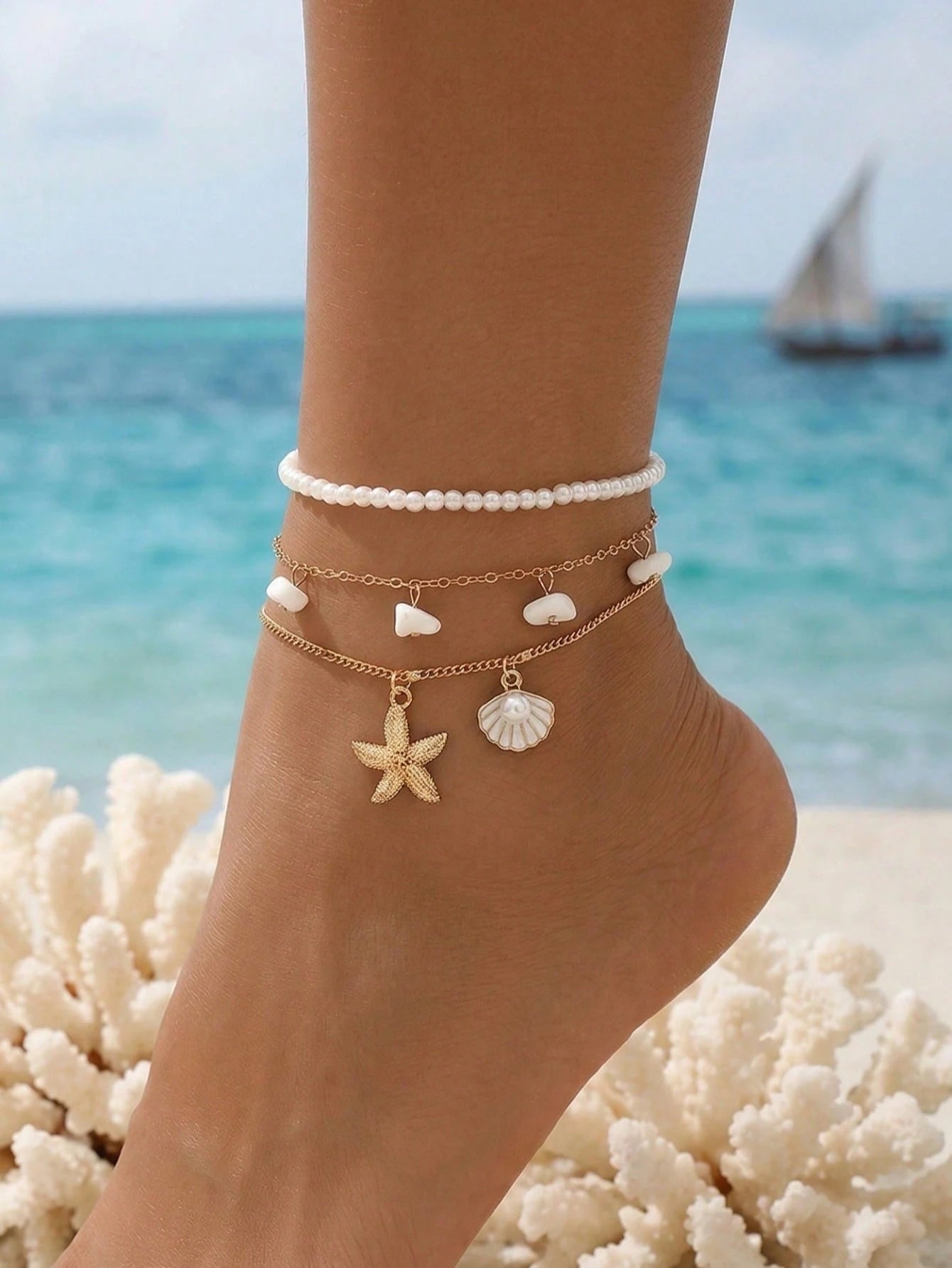 3pcs/Set Faux Pearl Beaded, White Stone Tassel, Starfish & Shell Pendant Gold Anklet, Multilayer Beach Jewelry For Women, Suitable For Daily Wear And Vacation, The Size And Shape Of The Stones Are Random