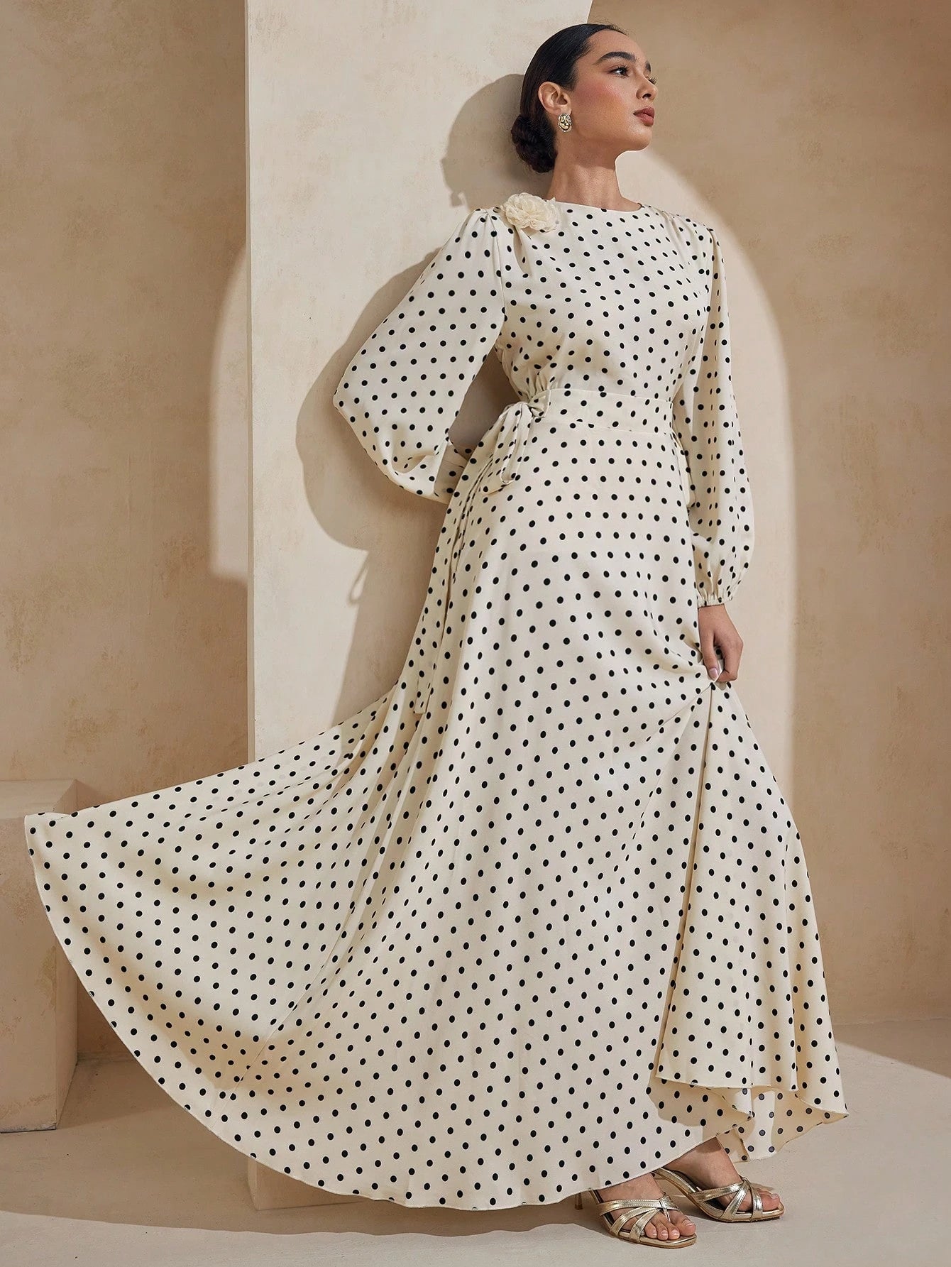 Graceveil Elastic Waist Tie-Up Polka Dot Floral 3D Decor Loose Sleeve Arabic Style Dress Modest Modest Polka Dot Dress