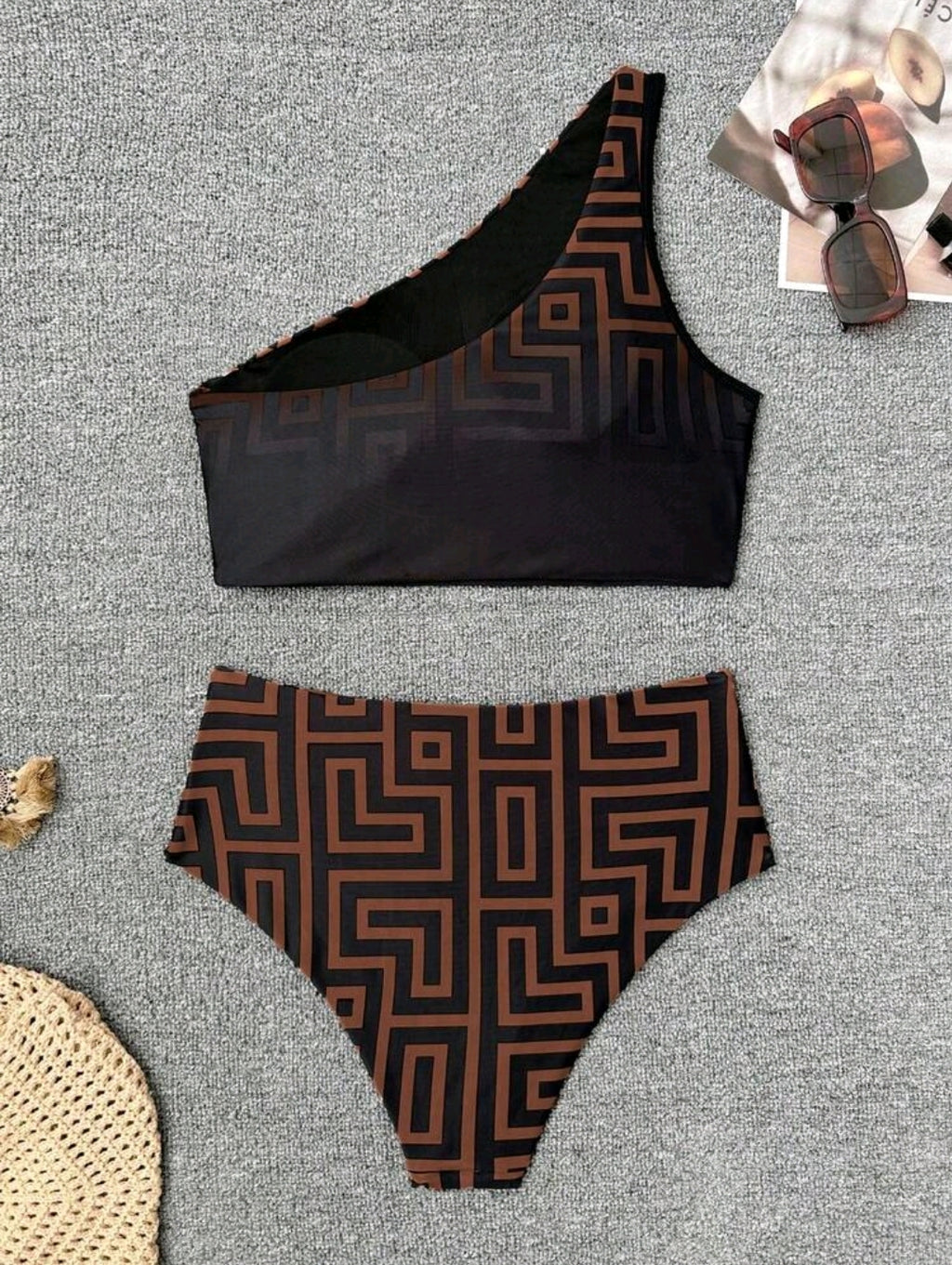 Swim Chiccia Women's Fashion Beach Outfit, Geometric Gradient Print Bikini Set, Oblique Shoulder Beach Party Vacation Elegant Bikini, High Waist Ruched Bodycon Bikini Two Pieces Swimwear