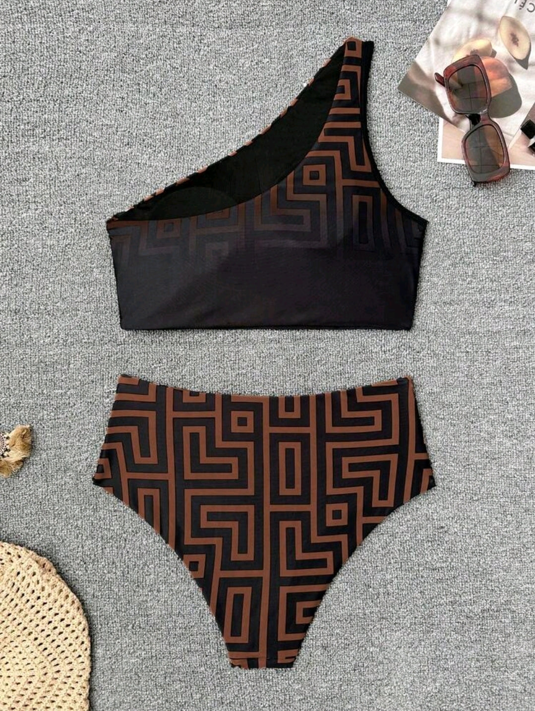 Swim Chiccia Women's Fashion Beach Outfit, Geometric Gradient Print Bikini Set, Oblique Shoulder Beach Party Vacation Elegant Bikini, High Waist Ruched Bodycon Bikini Two Pieces Swimwear