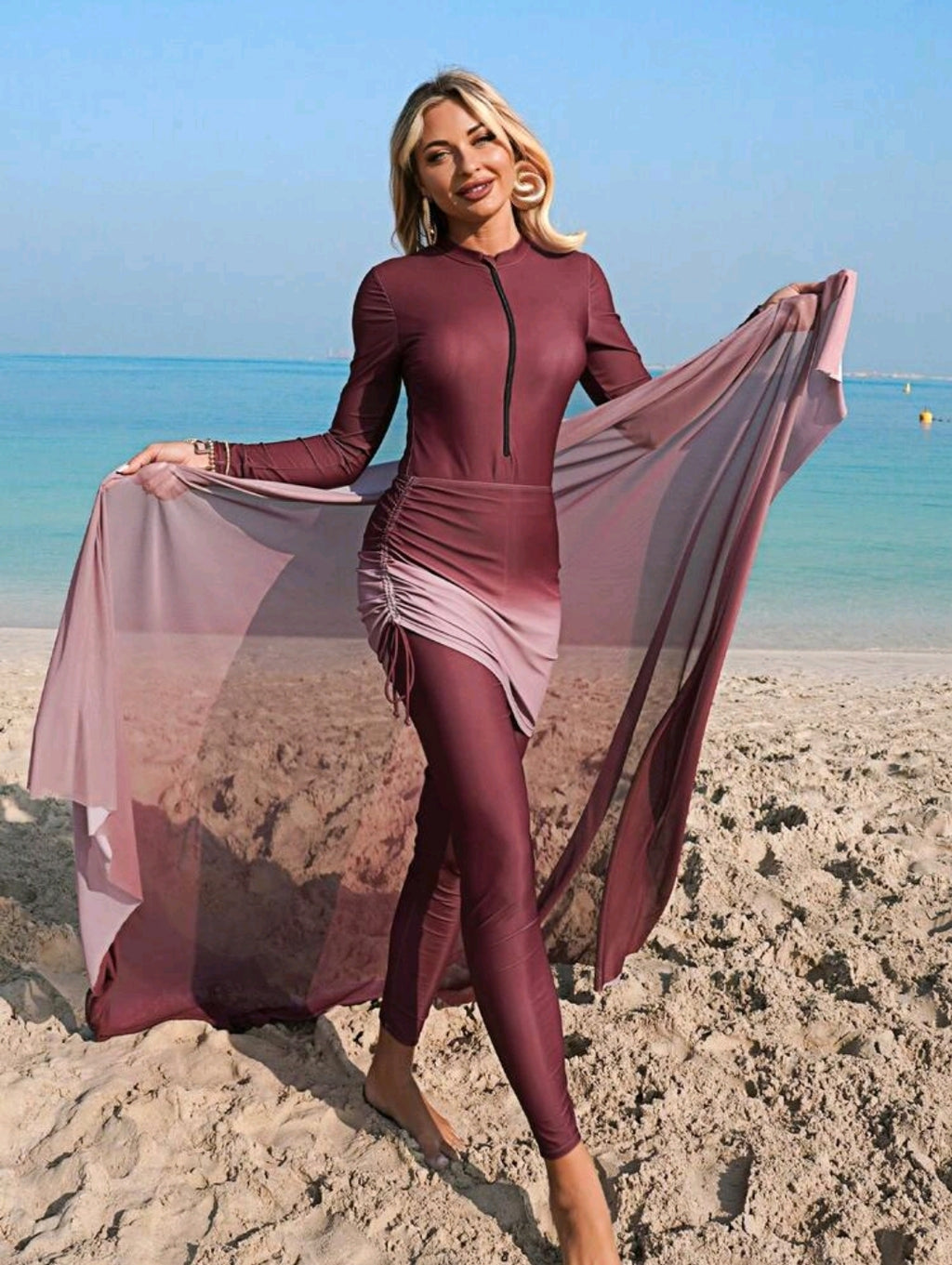 Swim Shayni Women's 4-Piece Set: One-Piece Solid Color Zipper Jumpsuit With Pants, Paired With Ombre Print Drawstring Skirt And Ombre Mesh Shawl, Burkini Swimwear Set For Beach Vacation