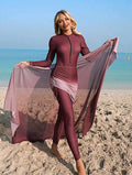 Swim Shayni Women's 4-Piece Set: One-Piece Solid Color Zipper Jumpsuit With Pants, Paired With Ombre Print Drawstring Skirt And Ombre Mesh Shawl, Burkini Swimwear Set For Beach Vacation