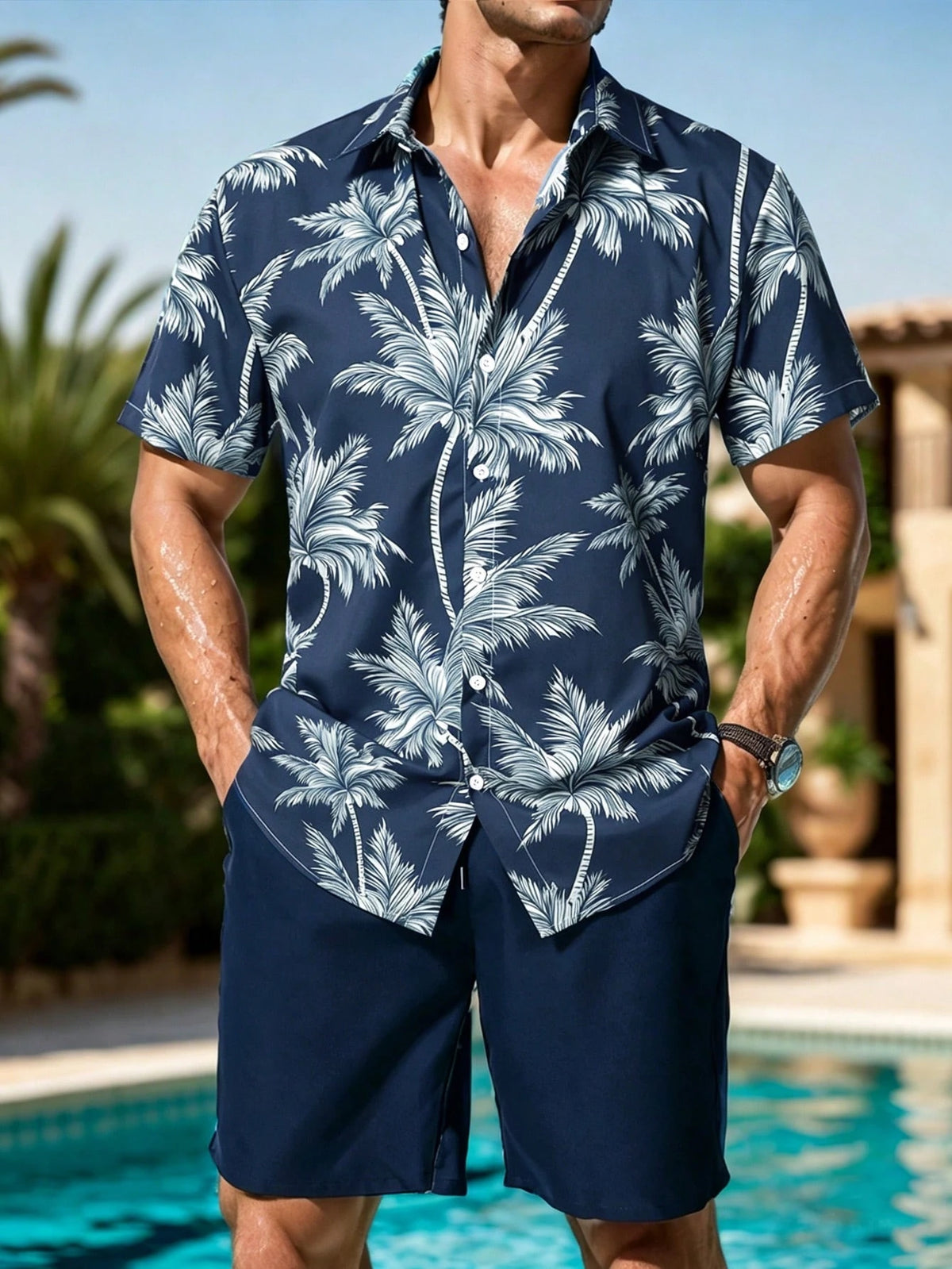 Manfinity RSRT Men's Coconut Tree Print Button-Down Short Sleeve Shirt And Shorts 2 Pieces Casual Outfit