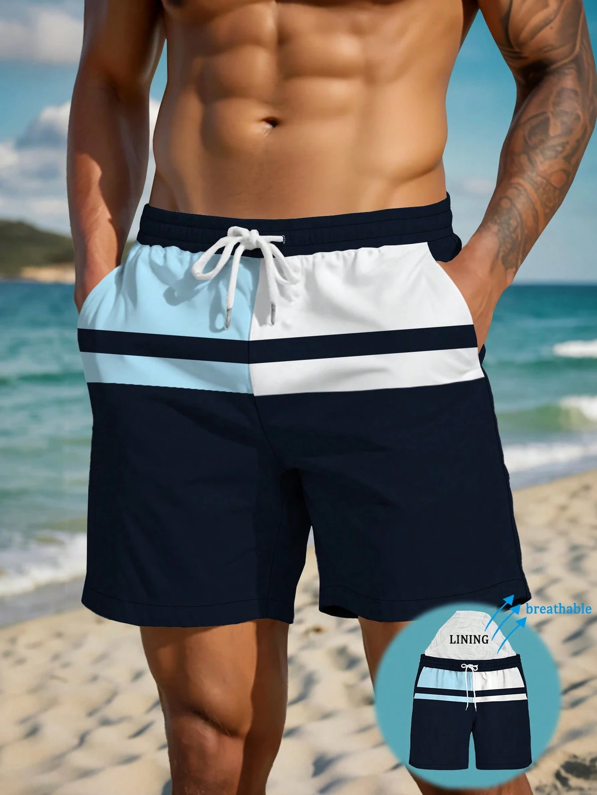 Men's Summer Printed Pattern Drawstring Waist Oblique Pocket Hawaiian Quick-Dry Double-Layer Mesh Lined Shorts, Contrast Color 3D Artistic Print, Fashionable Casual Beachwear Swim Trunks