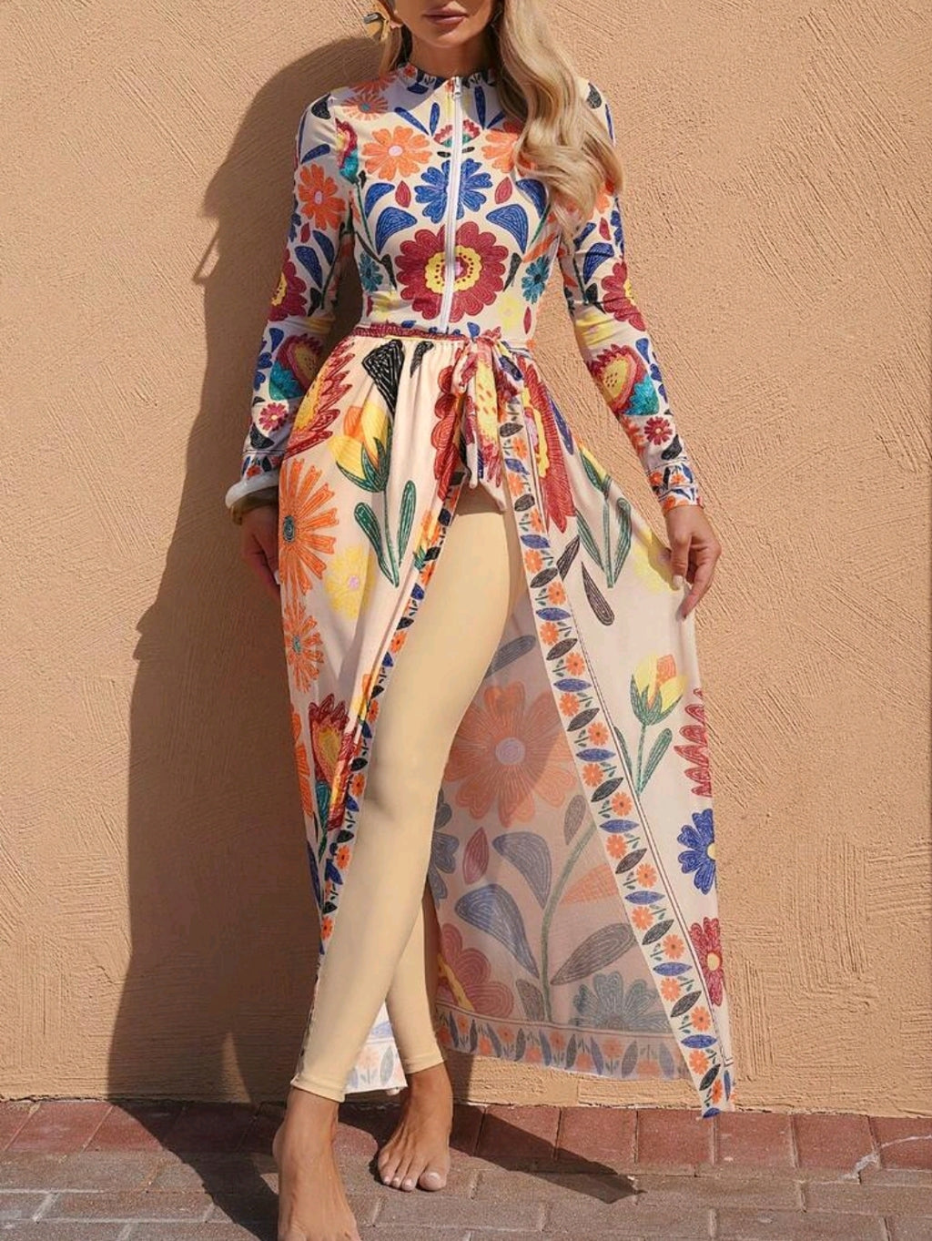 Swim Mulvari Women's New Printed Round Neck Long Sleeve One-Piece Swimsuit, Fitted Long Pants And Beach Skirt 3 Pieces Set