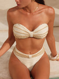 Swim Chiccia Chic Beige Fabric Bikini Set Featuring Lace Up Rope Accents And Plain Thongs