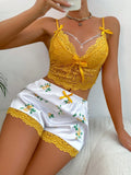 ZzzCrew Lace Trimmed Bowknot Front Cami Top And Floral Printed Satin Shorts Pajama Set Bow Tie