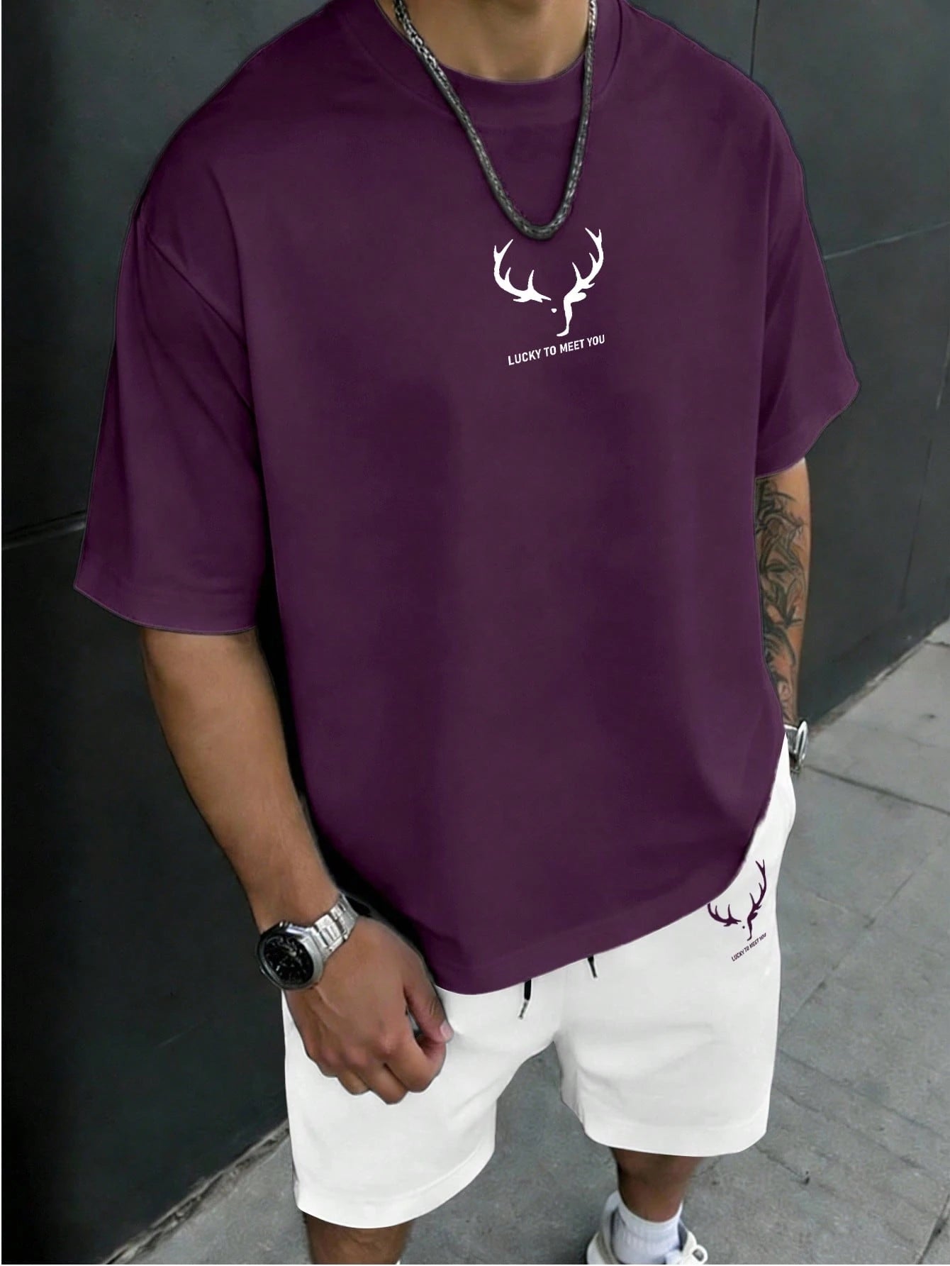NEOREFINED Men's Letter Print Round Neck Short Sleeve T-Shirt And Drawstring Waist Shorts Casual Daily Outfit