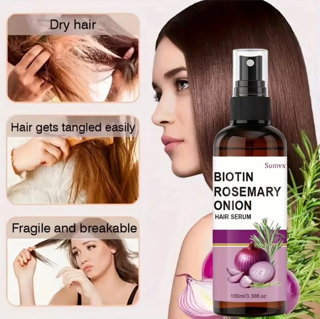 Onion Biotin Strengthening Serum Spray, Enriched with Onion Oil, Rosemary Leaf Oil and Biotin, Has 10 Care and Styling Benefits, Softens Hair for 72 Hours, Moisturizes Hair, and Smoothes Dry and Rough Hair.