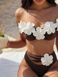 Bonvoyette Knitted Floral 3D Bikini Set, Sexy Beach Pool Party Outfit, Suitable For Holiday, New Year, Christmas, Summer