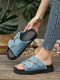 Women's Fashion Versatile Blue Tassel Casual Vacation Style Buckle Platform Thick Bottom Slide Sandals, Minimalist Outdoor Thick Sole Slippers