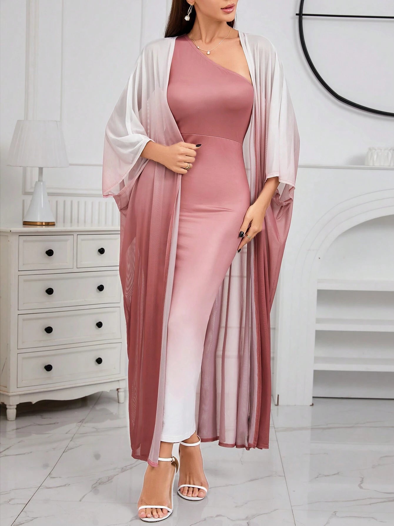 Modelyn Ombre Shoulder Sloping Dress With Coat Evening Dress 2 Piece Set
