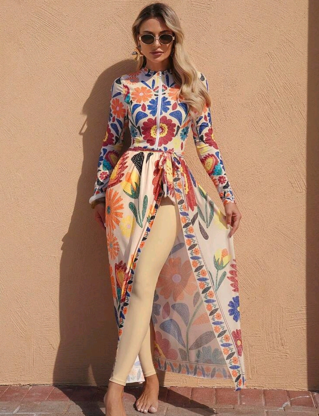 Swim Mulvari Women's New Printed Round Neck Long Sleeve One-Piece Swimsuit, Fitted Long Pants And Beach Skirt 3 Pieces Set
