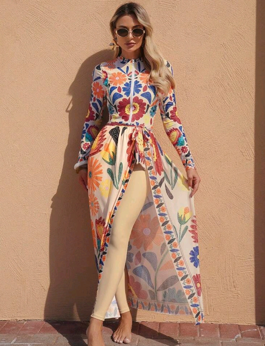 Swim Mulvari Women's New Printed Round Neck Long Sleeve One-Piece Swimsuit, Fitted Long Pants And Beach Skirt 3 Pieces Set