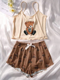 Bear Print Lettuce Trim Bow Front PJ Set / Pajama Set Bow Tie
