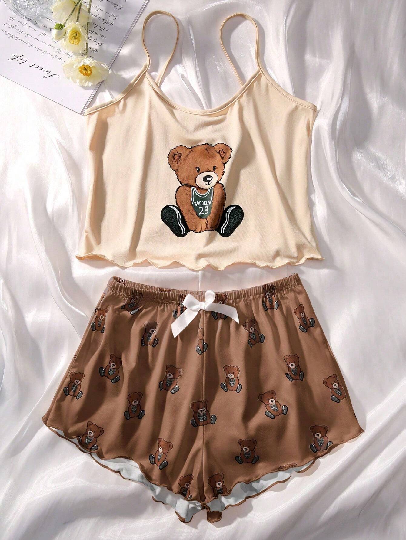 Bear Print Lettuce Trim Bow Front PJ Set / Pajama Set Bow Tie