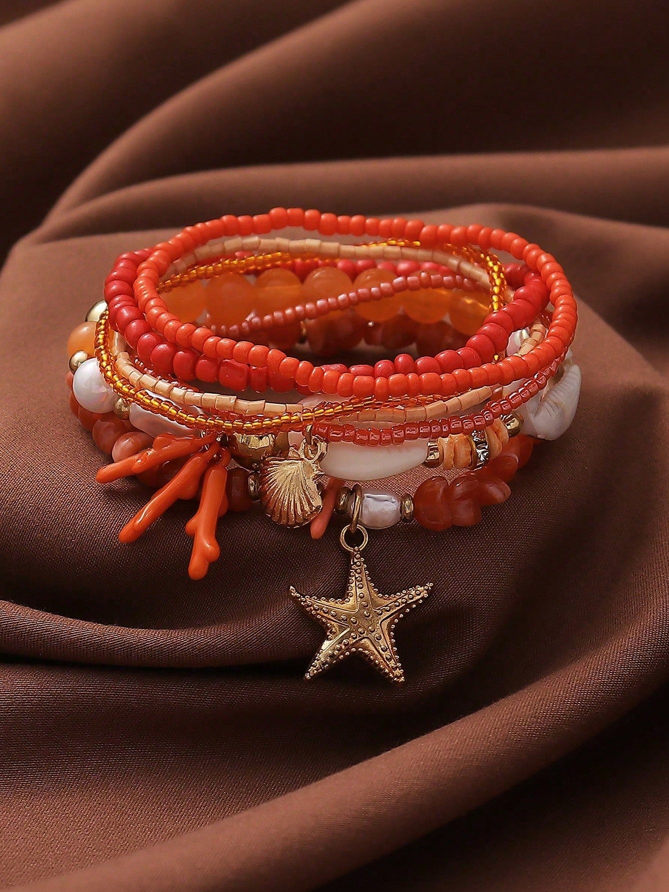 7pcs  Series Girly Beach Vacation Style Shell, Starfish & Bead Elastic Bracelet Set, Suitable For Women's Holiday & Daily Wear (Handmade Beading, Bead Quantity & Sequence Random)