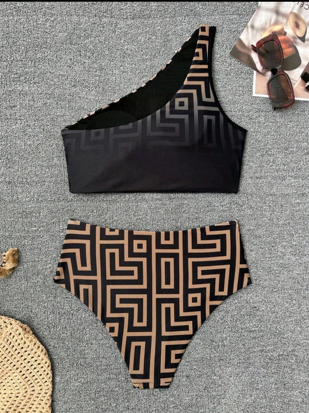 Swim Chiccia Women's Fashion Beach Outfit, Geometric Gradient Print Bikini Set, Oblique Shoulder Beach Party Vacation Elegant Bikini, High Waist Ruched Bodycon Bikini Two Pieces Swimwear