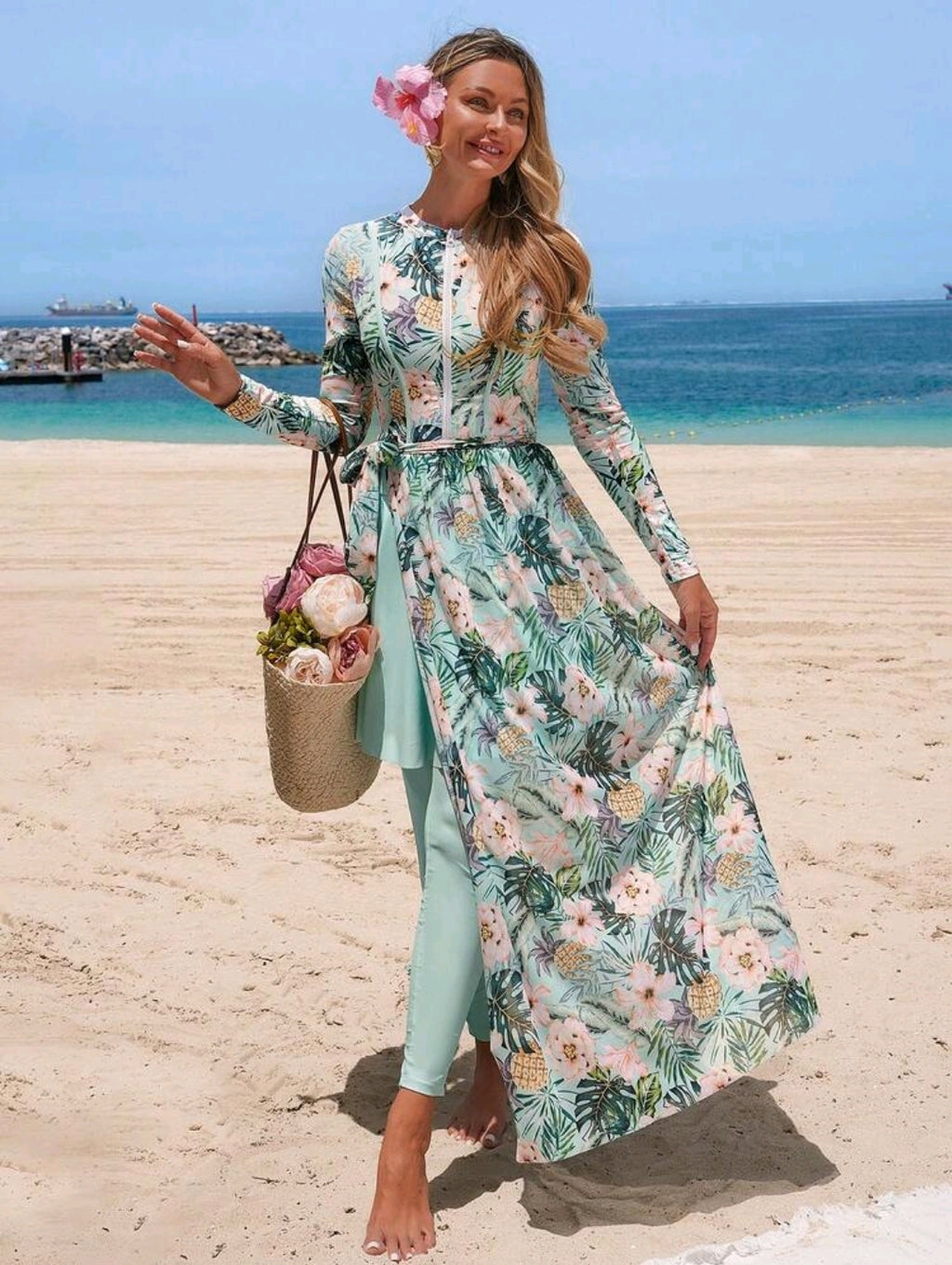 Swim Mulvari Women's 4-Piece Set, New Spring/Summer Tropical Floral Print Jumpsuit, Sheer Skirt, And Slim Fit Pants, Minimalist Yet Fashionable Vacation Swimwear, Spring/Summer