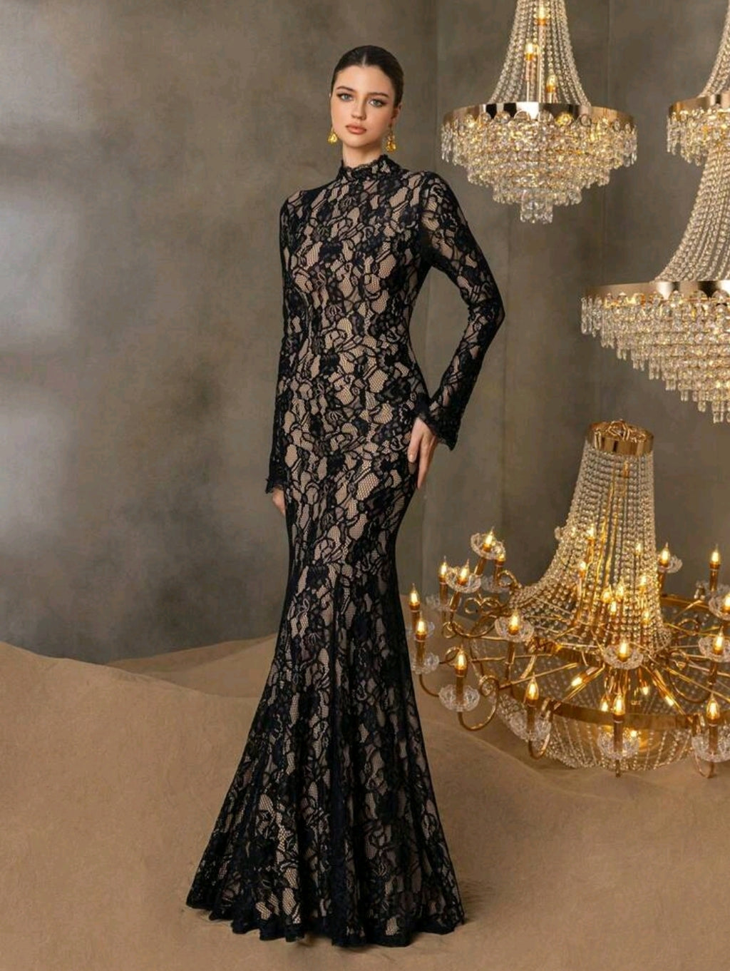 Faeriesty This Elegant Women's Formal Evening Gown Features A Sophisticated Stand Collar, Long Sleeves, And A Captivating Mermaid-Style Skirt, Making It Suitable For Grand Weddings, Luxurious Ballroom Galas, High-End Corporate Events, Exclusive Charity Di