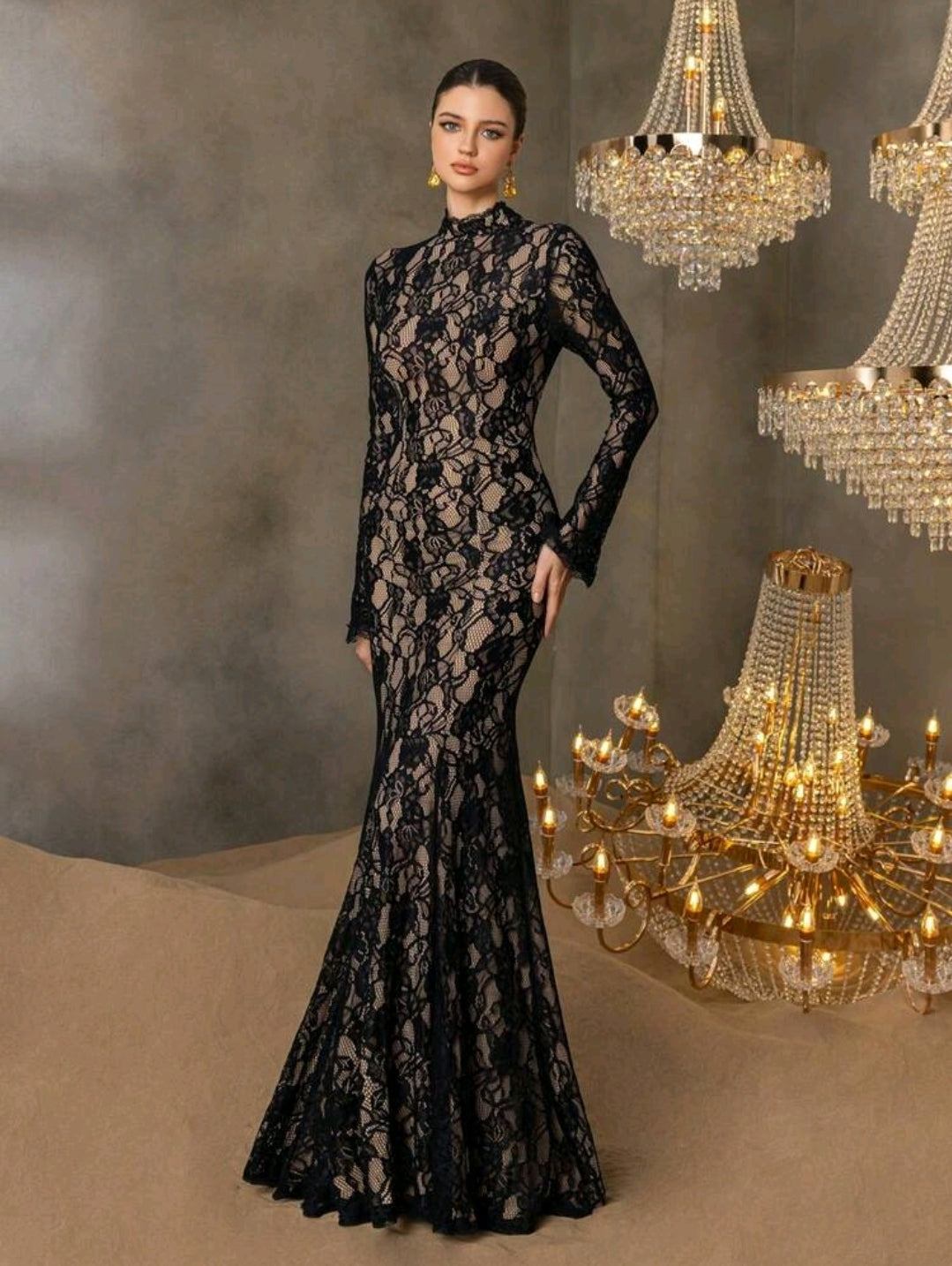 Faeriesty This Elegant Women's Formal Evening Gown Features A Sophisticated Stand Collar, Long Sleeves, And A Captivating Mermaid-Style Skirt, Making It Suitable For Grand Weddings, Luxurious Ballroom Galas, High-End Corporate Events, Exclusive Charity Di