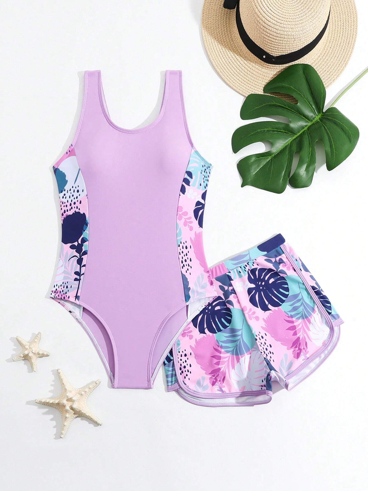 SHEIN Tween Girl Swimsuit/One-Piece Swimsuit/Printed Reversible/2pcs Set
