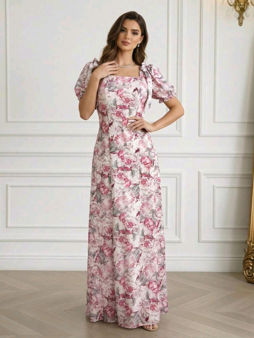 Modelyn Women's Long Floral Print Petal Sleeve Waist Gathered Elegant Vacation Dress, Spring/Summer