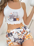 DUSKBASE Cute Cartoon Cat Print Y2K Style Women Pajama Top