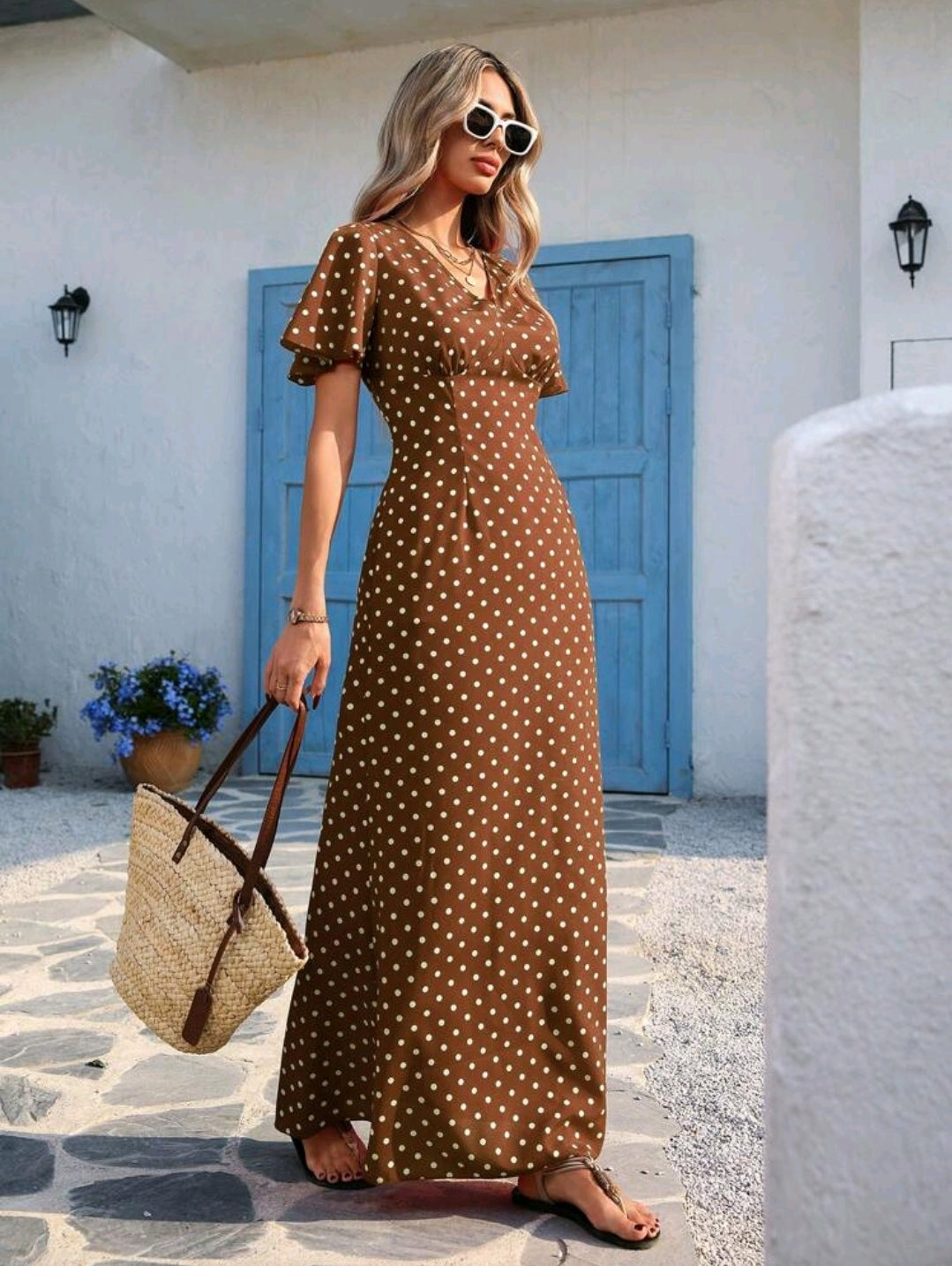 Vivid Eden Wave Pattern V-Neck Short Sleeve Fitted Women's Dress Spring And Summer Outfits, Summer Clothes, Valentine Day, Vacation Outfits Woman, Beach Outfits For Woman, Festival, Romantic And Elegant Clothing, Bohemian, BOHO, Sweet, Rave Outfits Festiv