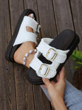Women's Fashion Versatile Blue Tassel Casual Vacation Style Buckle Platform Thick Bottom Slide Sandals, Minimalist Outdoor Thick Sole Slippers