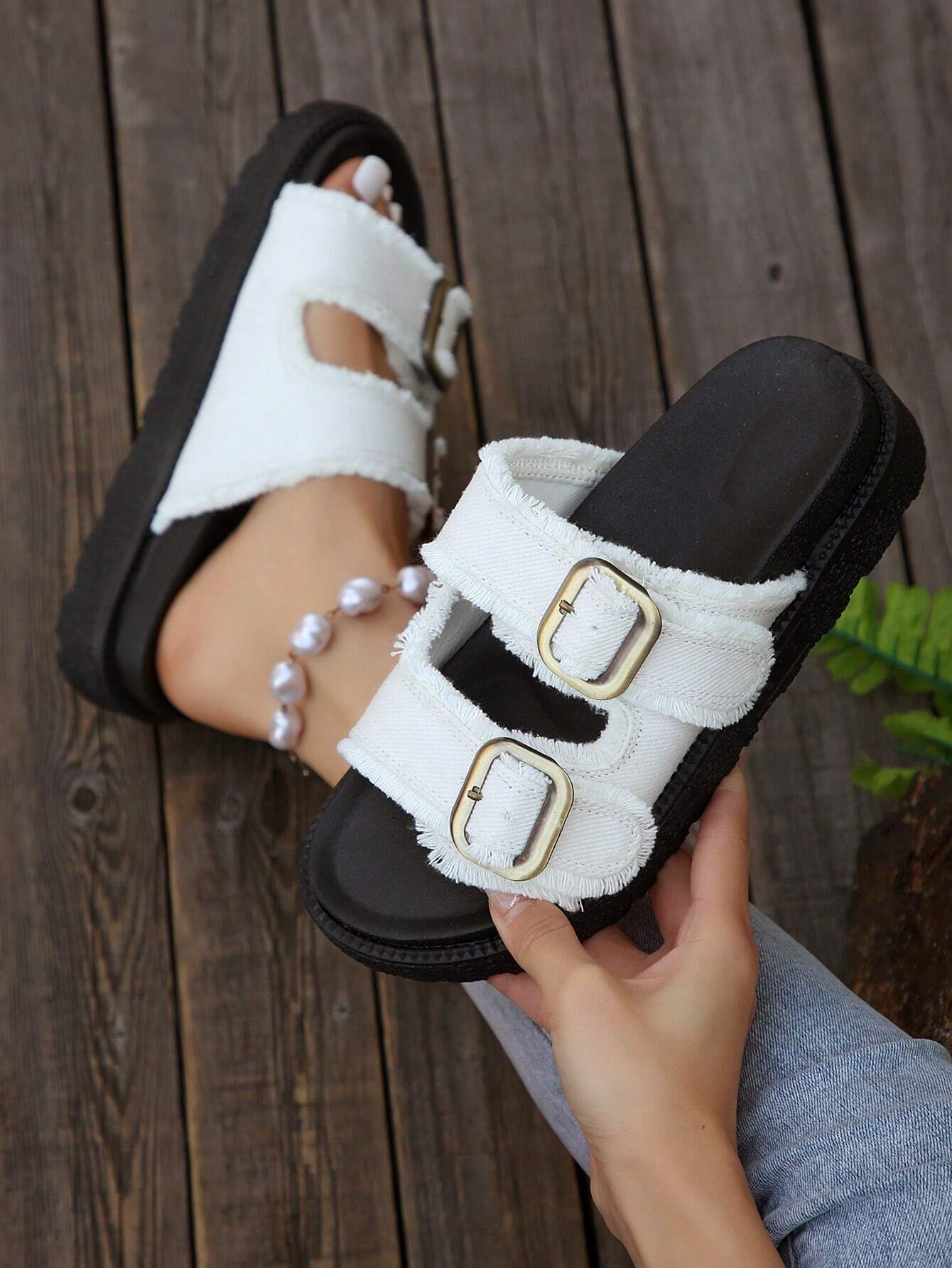 Women's Fashion Versatile Blue Tassel Casual Vacation Style Buckle Platform Thick Bottom Slide Sandals, Minimalist Outdoor Thick Sole Slippers
