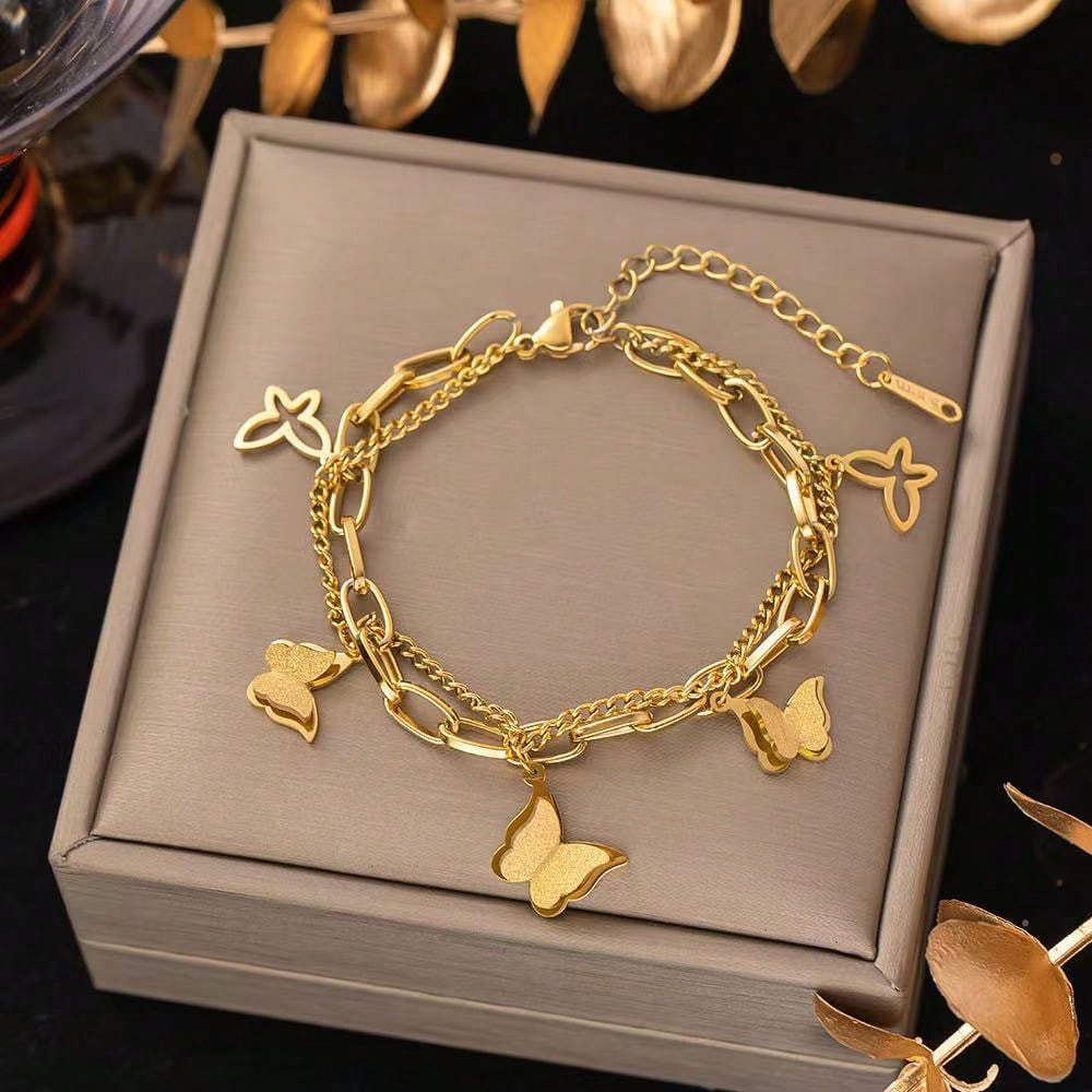 VceTd 1pc Romantic Stainless Steel Double-Layer Butterfly Pendant Bracelet, Suitable For Women's Daily Wear Or As A Gift