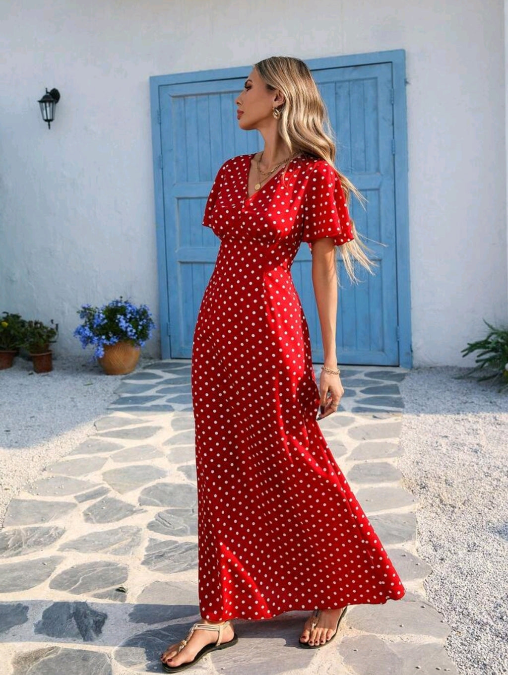 Vivid Eden Wave Pattern V-Neck Short Sleeve Fitted Women's Dress Spring And Summer Outfits, Summer Clothes, Valentine Day, Vacation Outfits Woman, Beach Outfits For Woman, Festival, Romantic And Elegant Clothing, Bohemian, BOHO, Sweet, Rave Outfits Festiv