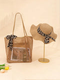 Women's Fashion Leopard Print Sun Hat And Crochet Net Tote Bag Set, Suitable For Summer Beach, Cruise, Pool Party, Vacation, Travel. Wide Brim, Lightweight, Foldable, Breathable, UV Protection