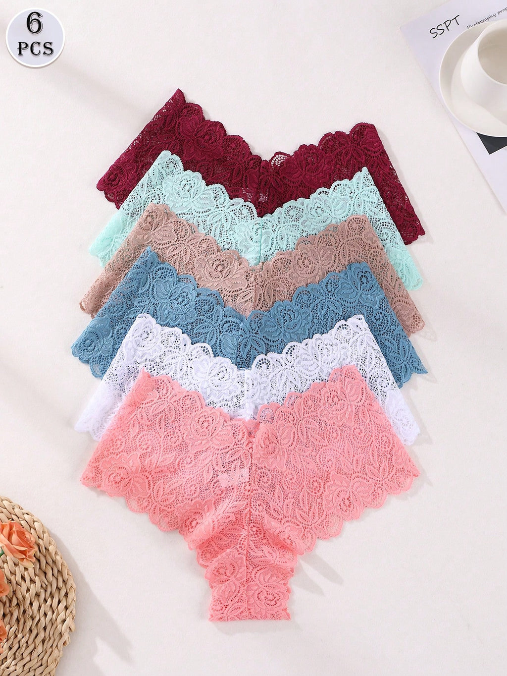 6pcs Women's Sexy Lace Mid-Waist Seamless Panties, Butt Lifting Shapewear Striped Underwear