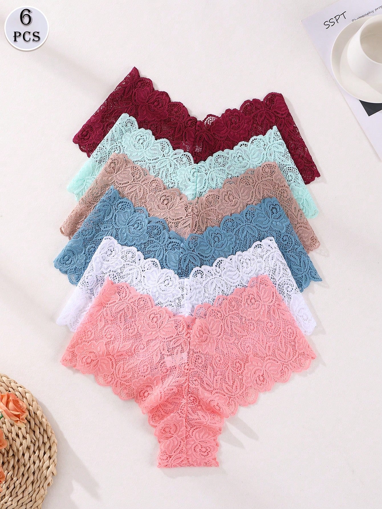6pcs Women's Sexy Lace Mid-Waist Seamless Panties, Butt Lifting Shapewear Striped Underwear