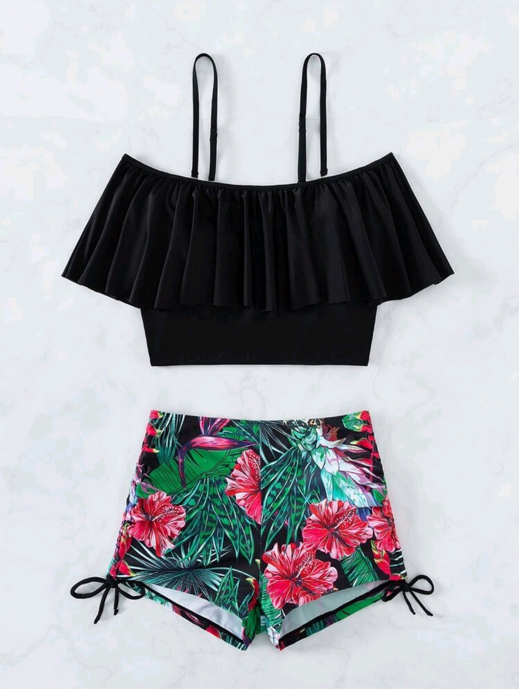 Swim Lushoire Summer Beach Tropical Tankini Set Cold Shoulder Ruffle Top & High Waisted Shorts 2 Piece Bathing Suit