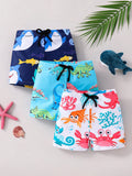 3pcs Young Boy Leisure Vacation Net Color Dopamine Dinosaur Shark Print Color Loose Woven Beach Swimsuit Multi Piece Set, Three Color Three Pieces Set Shorts Swimsuit Beach Swimming Beach Surfing Vacation Spring And Summer